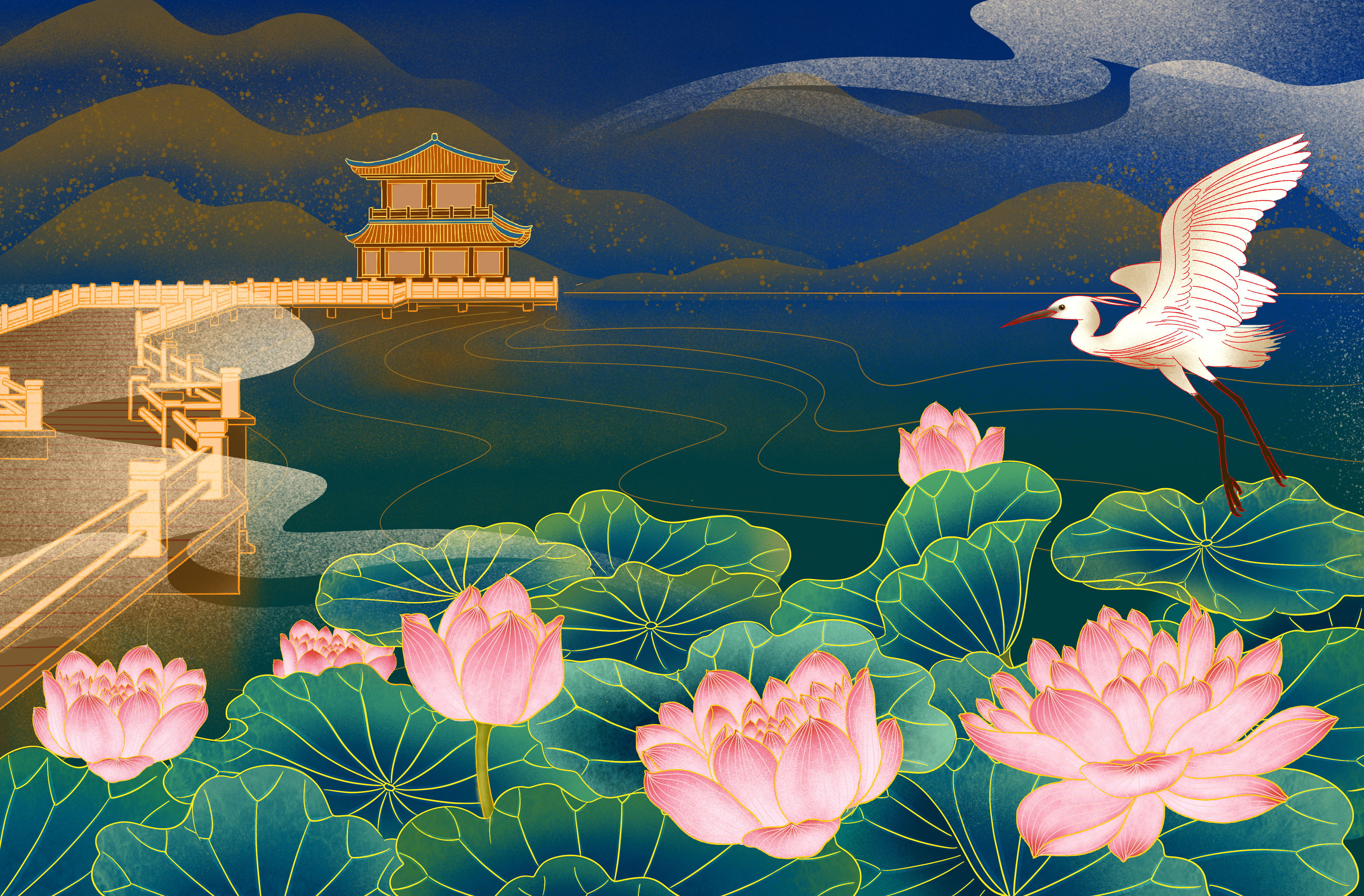 摄图网_401689860_烫金荷塘月色楼阁房地产插画（非企业商用）